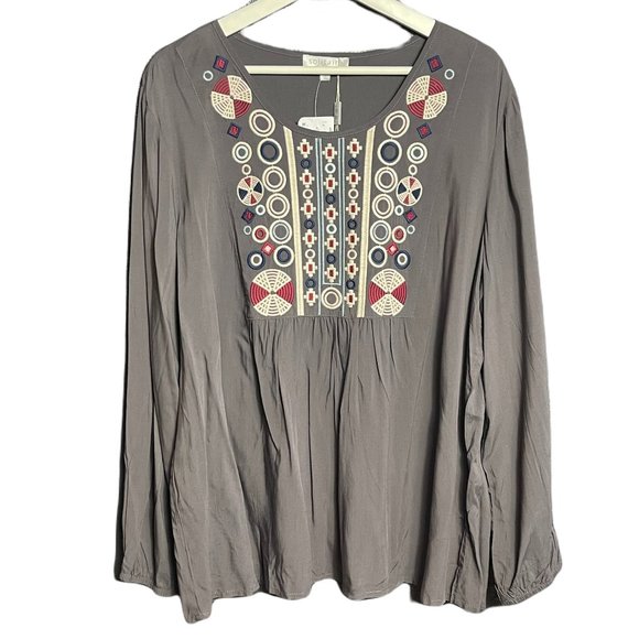 Solitaire Tops - NEW Solitaire Women's Embroidered Long Sleeve Tunic Peasant Top